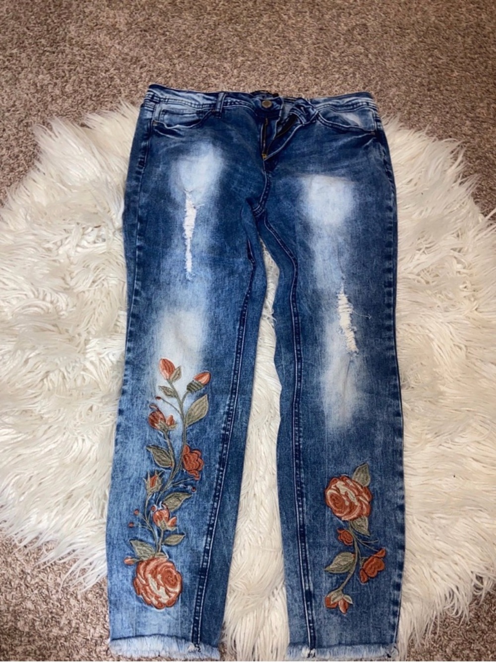 Boho YMI sz 11 Blue Distressed ankle Jeans Floral Rose Embroidery cottage core